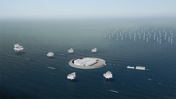Principskitse der viser, hvordan Energiø Nordsøen kan se ud (©Energistyrelsen).